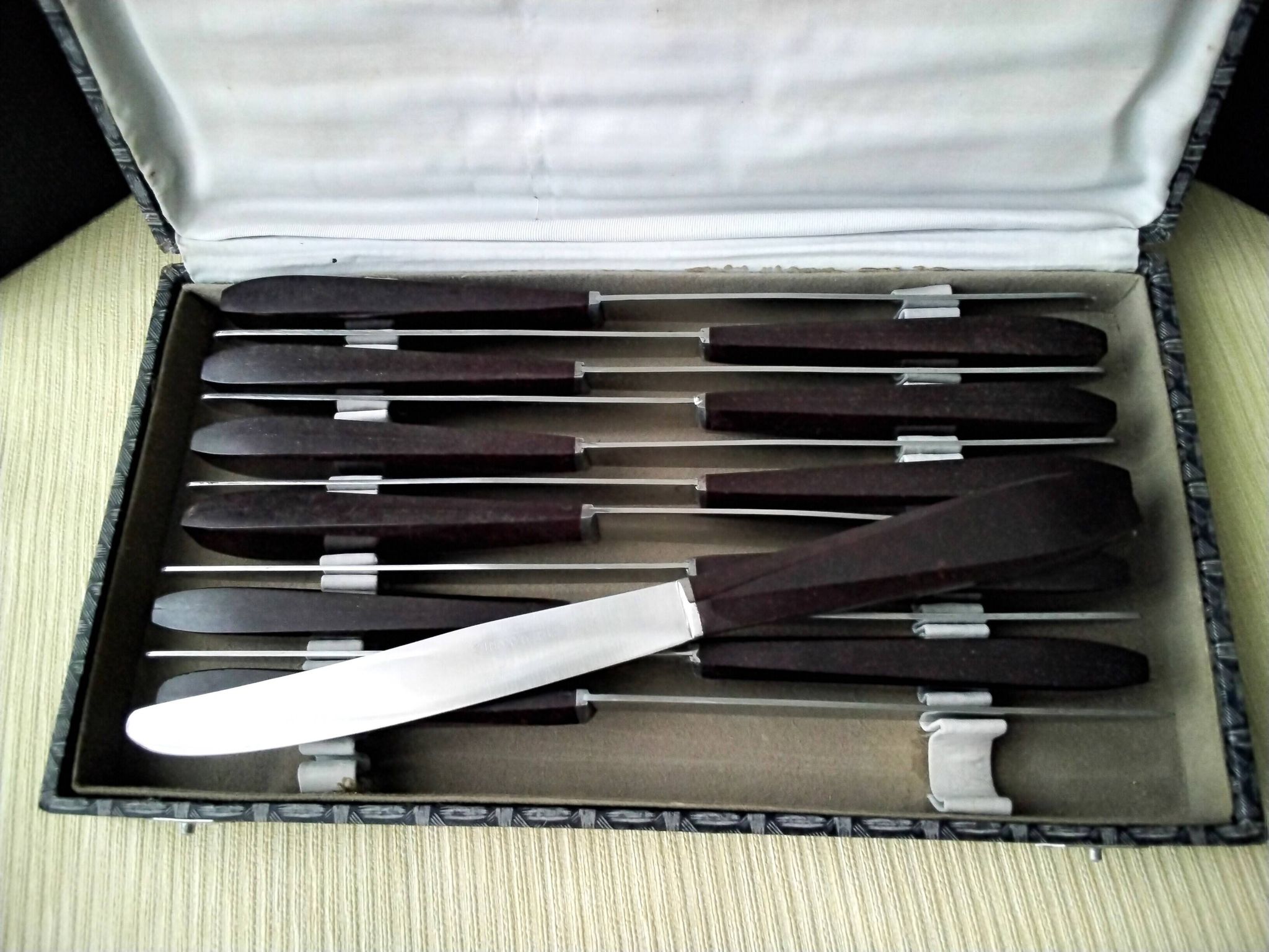 Box of 12 vintage table knives in stainless steel and brown bakelite