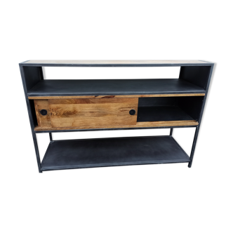 Metal console with tray and wooden sliding doors