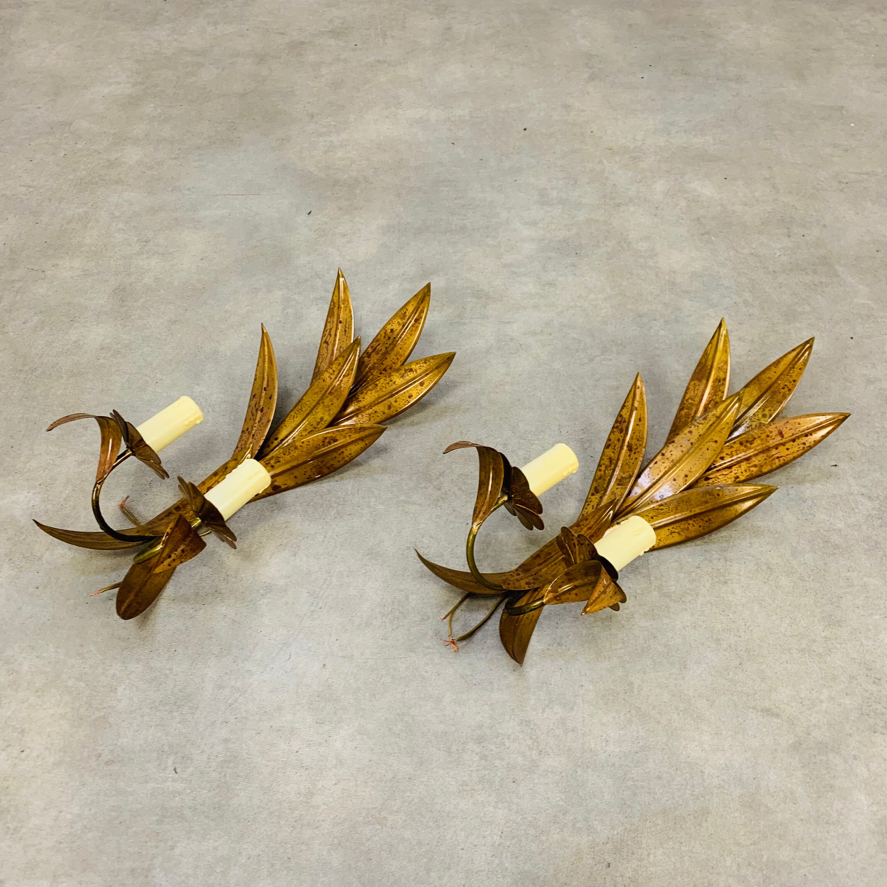 Pair of copper golden leaf sconces