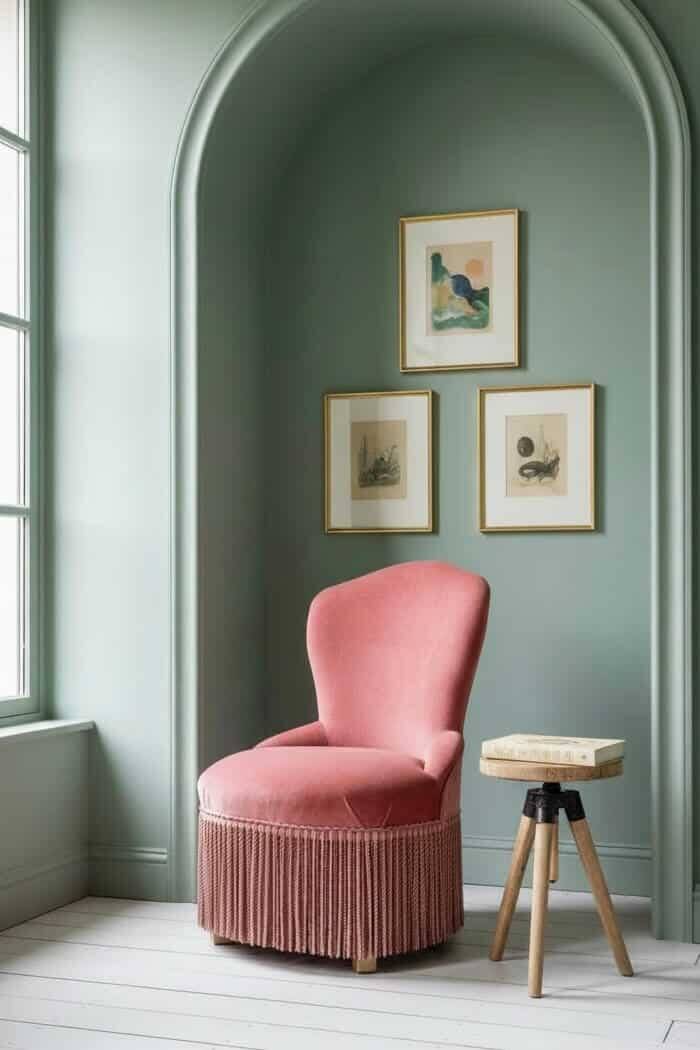 Vintage pink velvet fringed armchair