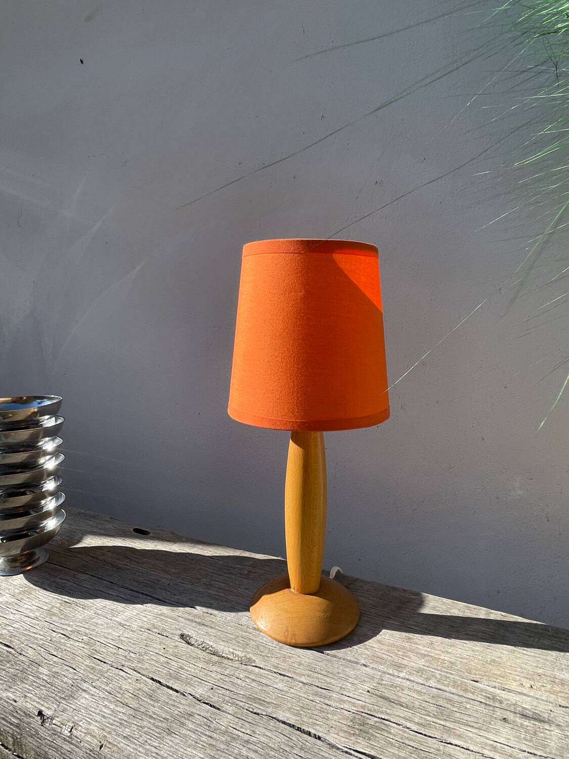 1980s orange turned wooden lamp