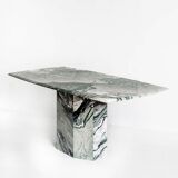 Vintage dining table in green and white veined marble. Completely restored. Italy, 90's