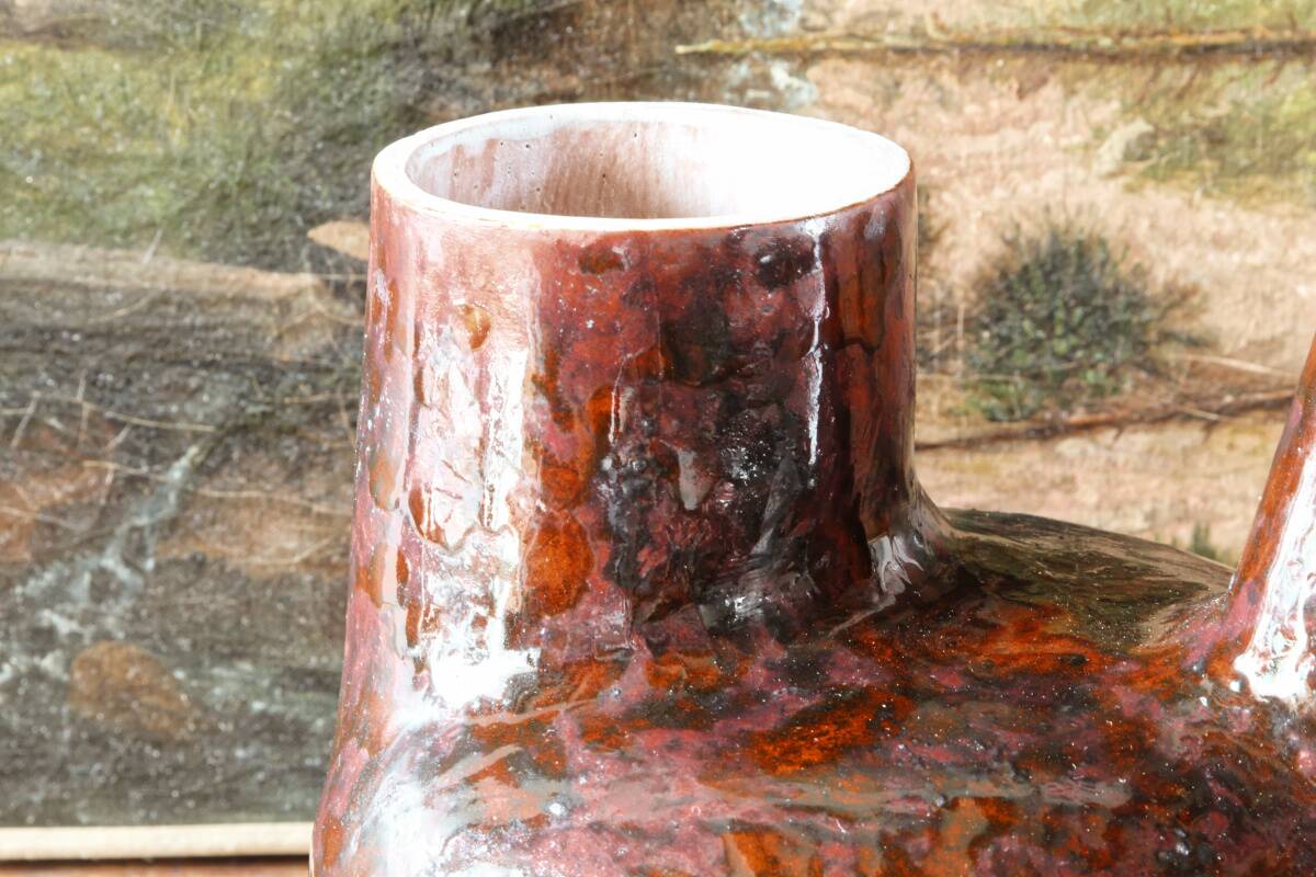 Raw double-neck vase, flame-formed ceramic, monogram JA, 1950s-60s.