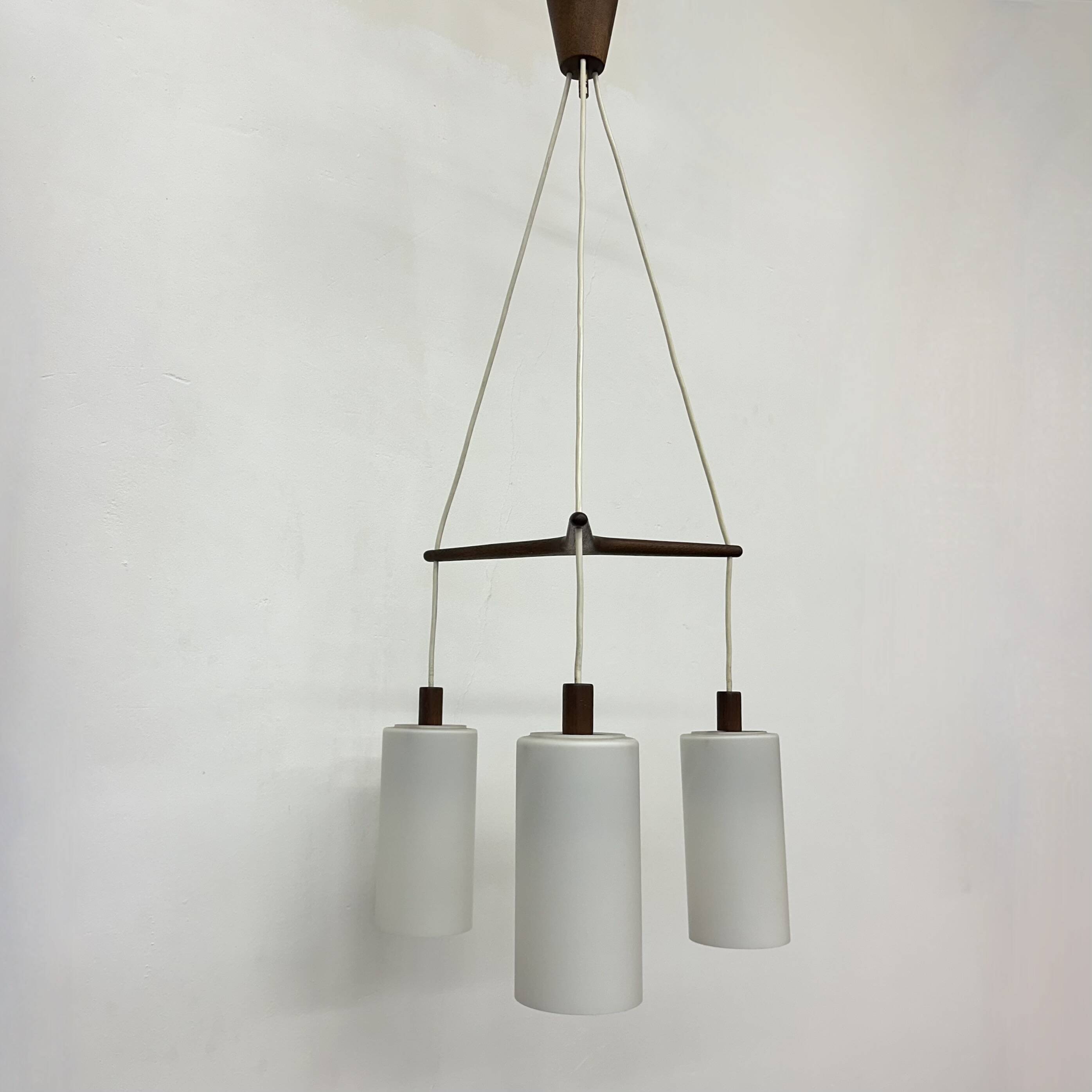 Mid-century design pendant lamp teak and opaline glass , 1970s
