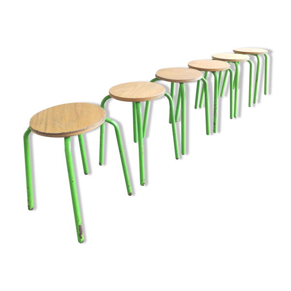 Lot de 6 tabourets vintage métal vert et bois