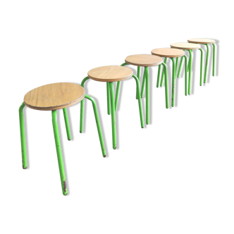 Set of 6 stools vintage metal green and wood