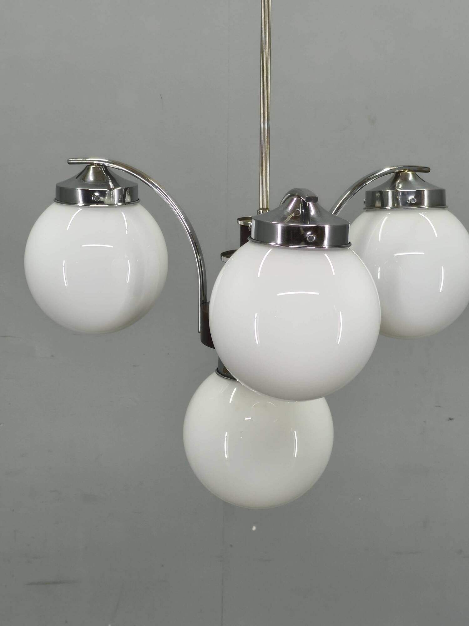 Czech Art Deco Chandelier from the 1930s with Four Opaline Glass Shades