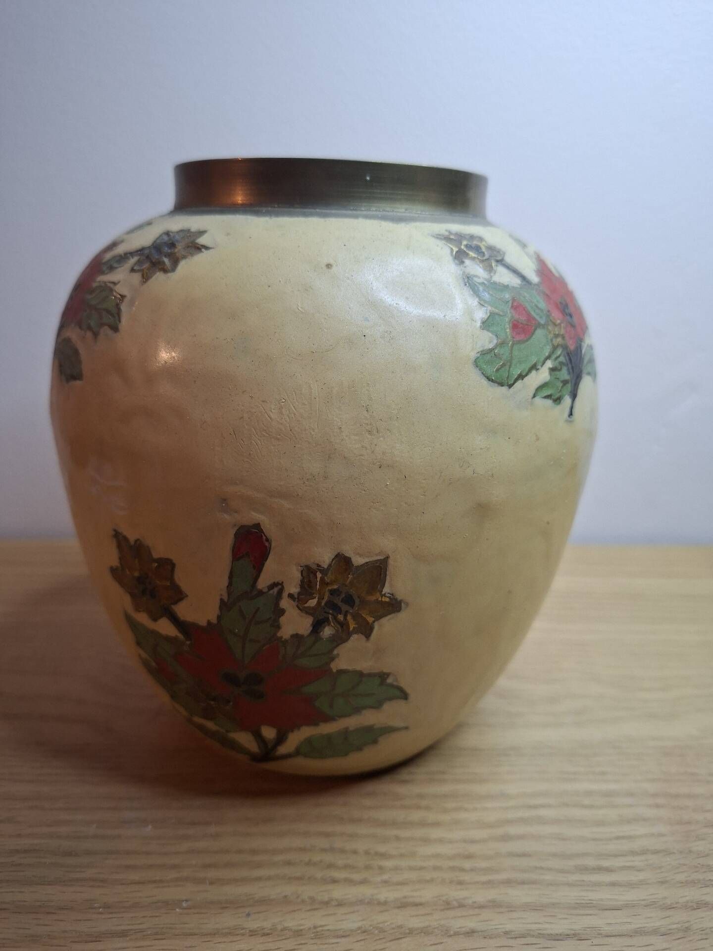 Vintage enamelled brass round vase with handmade floral decoration.