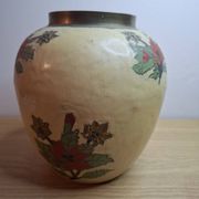 Vintage enamelled brass round vase with handmade floral decoration.