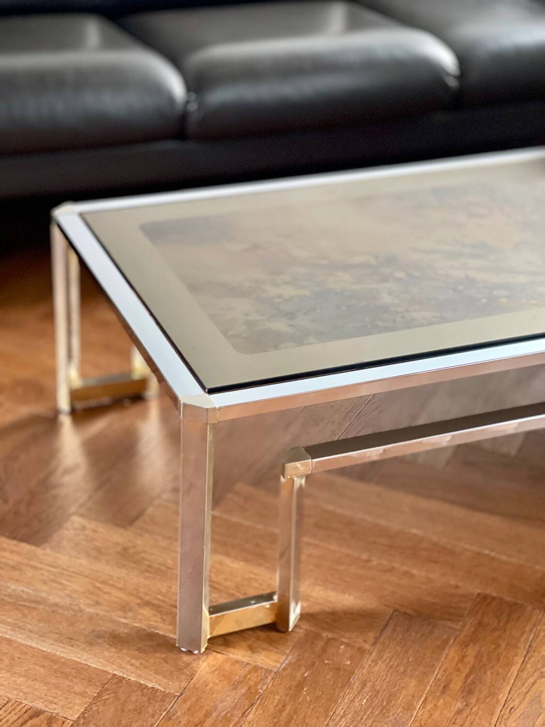 Table basse miroir fumé marbré vintage 1970s