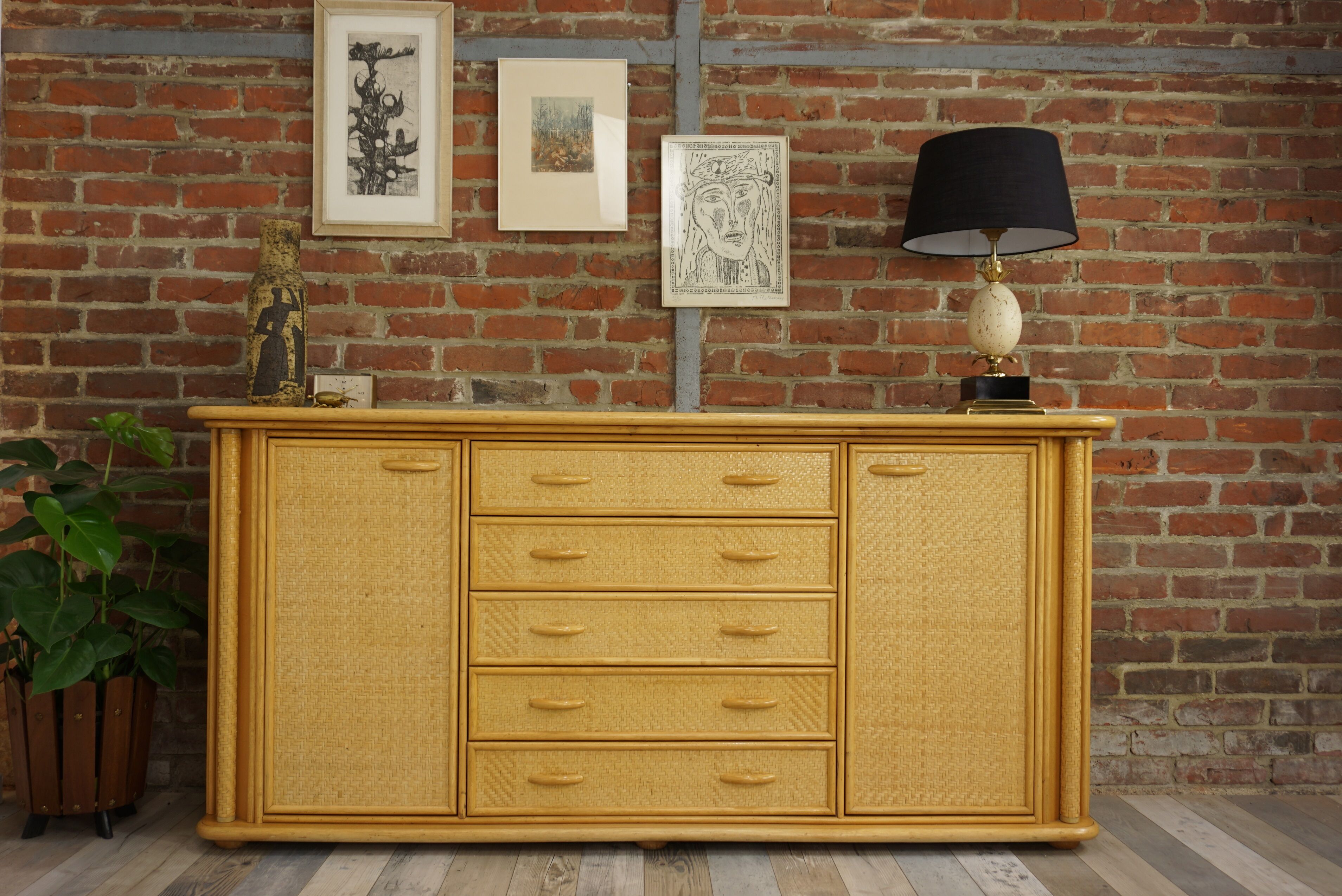Wooden and rattan sideboard