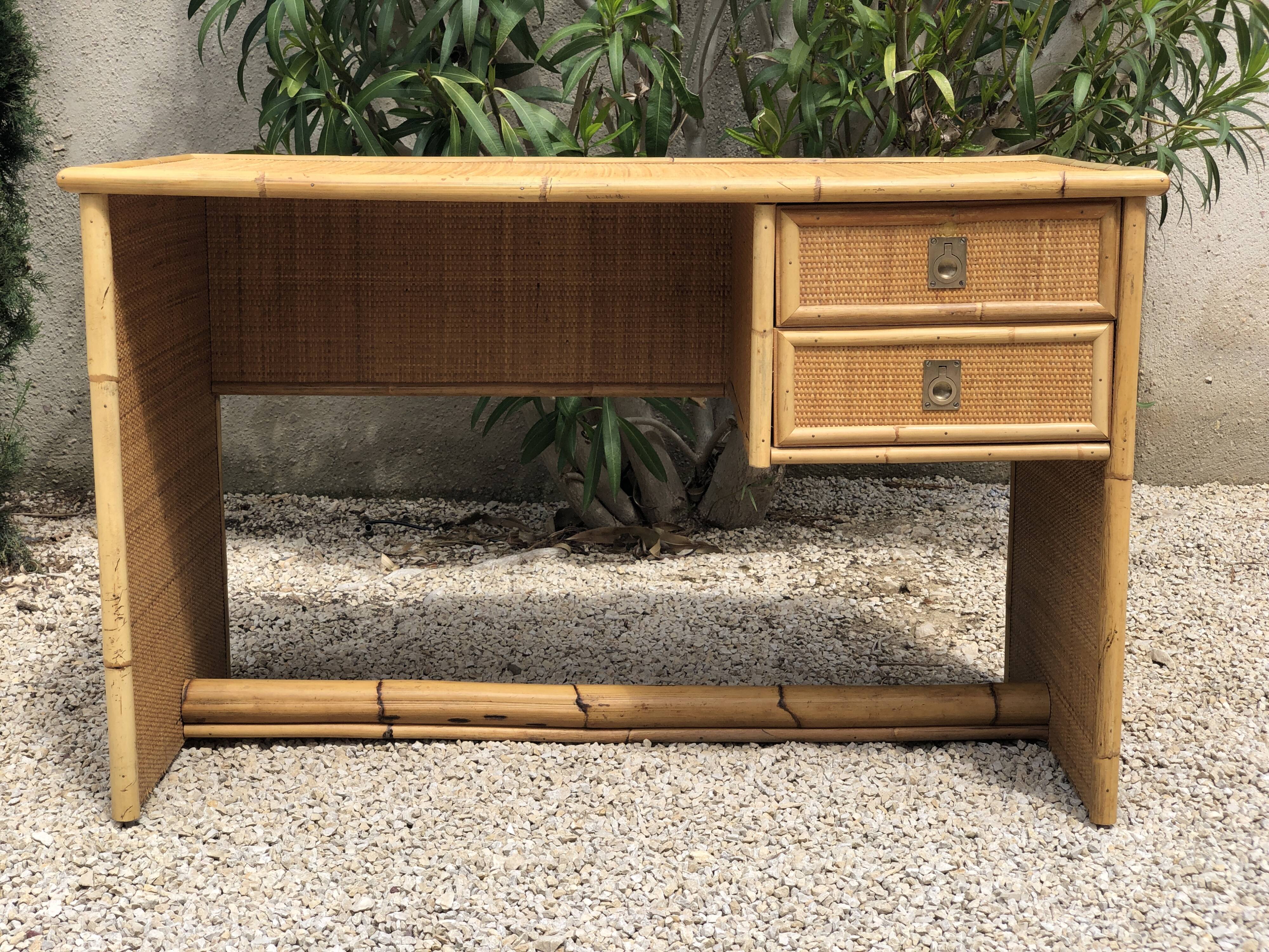 Vintage desk in bamboo, rattan and brass from Dal Vera, Italy 1970s