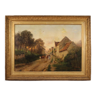 Peinture de paysage française à l’huile sur toile datée de 1899