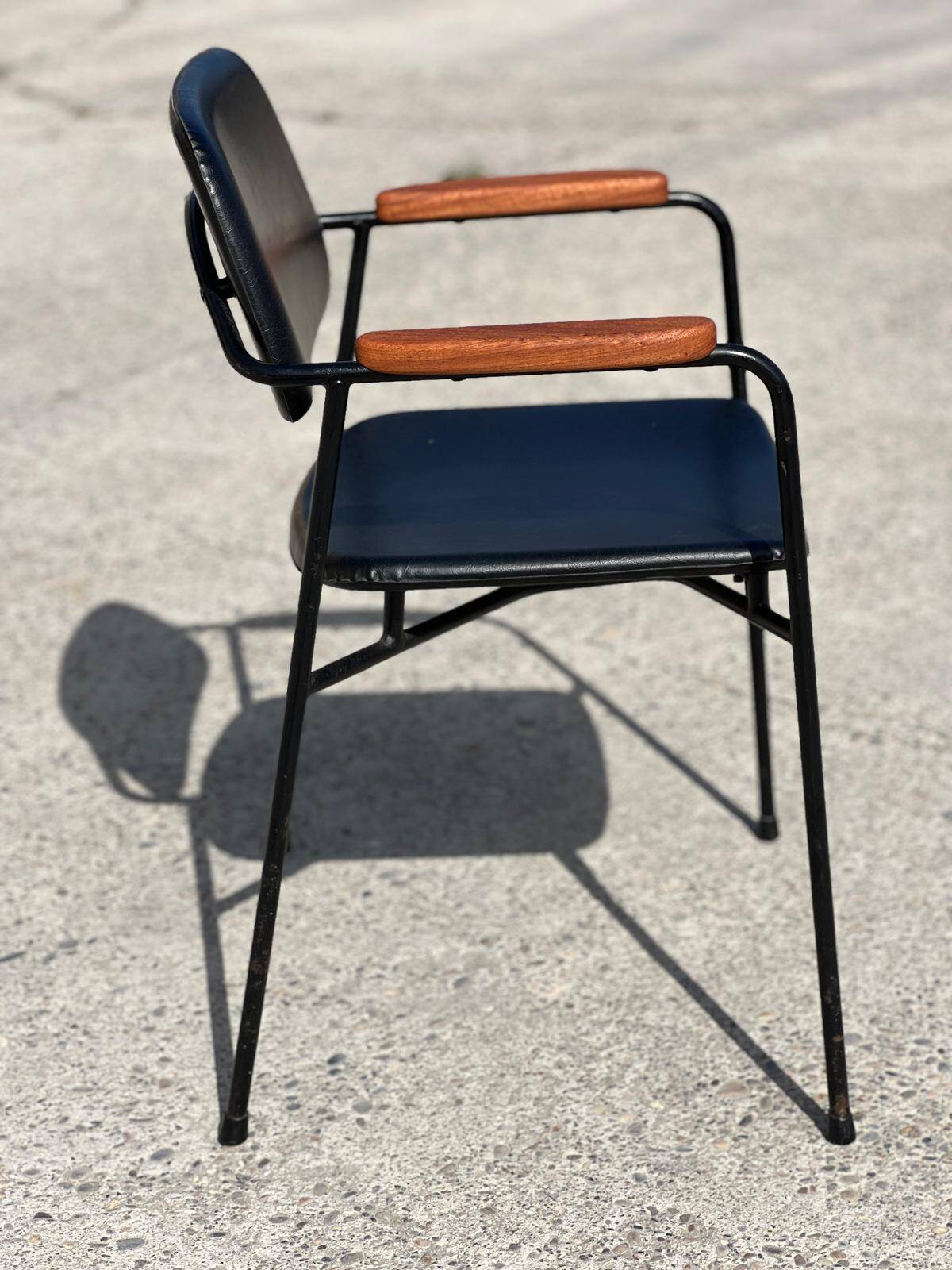 Vintage 1950s metal, oak and faux leather armchair