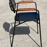 Vintage 1950s metal, oak and faux leather armchair