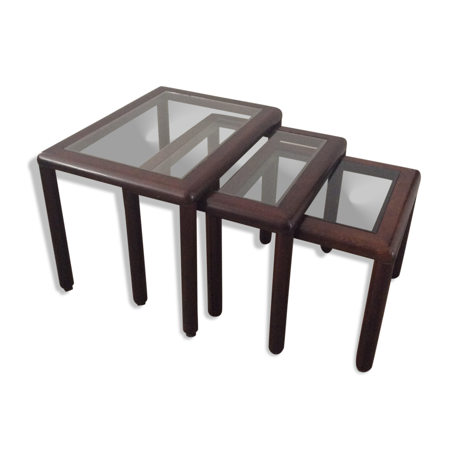 Series of 3 wooden and glass tables from the 70s
