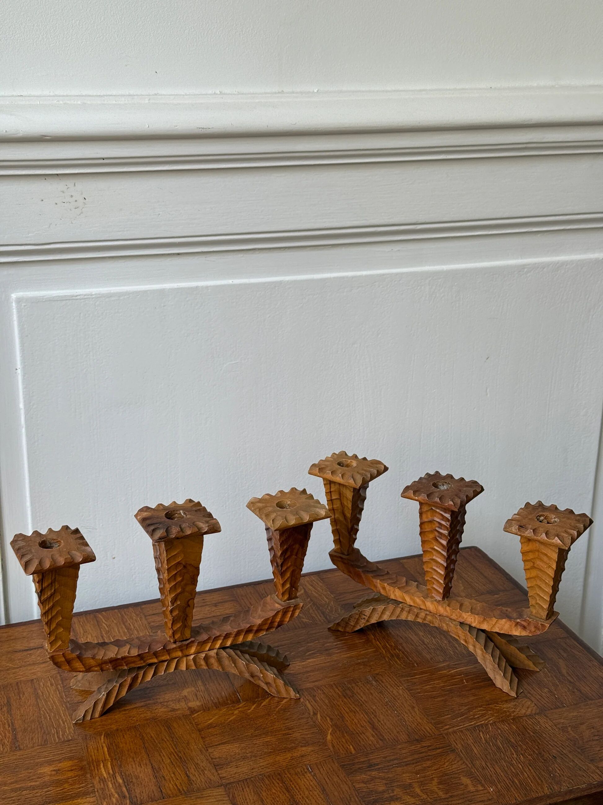 Pair of carved wooden candlesticks - 3 branches