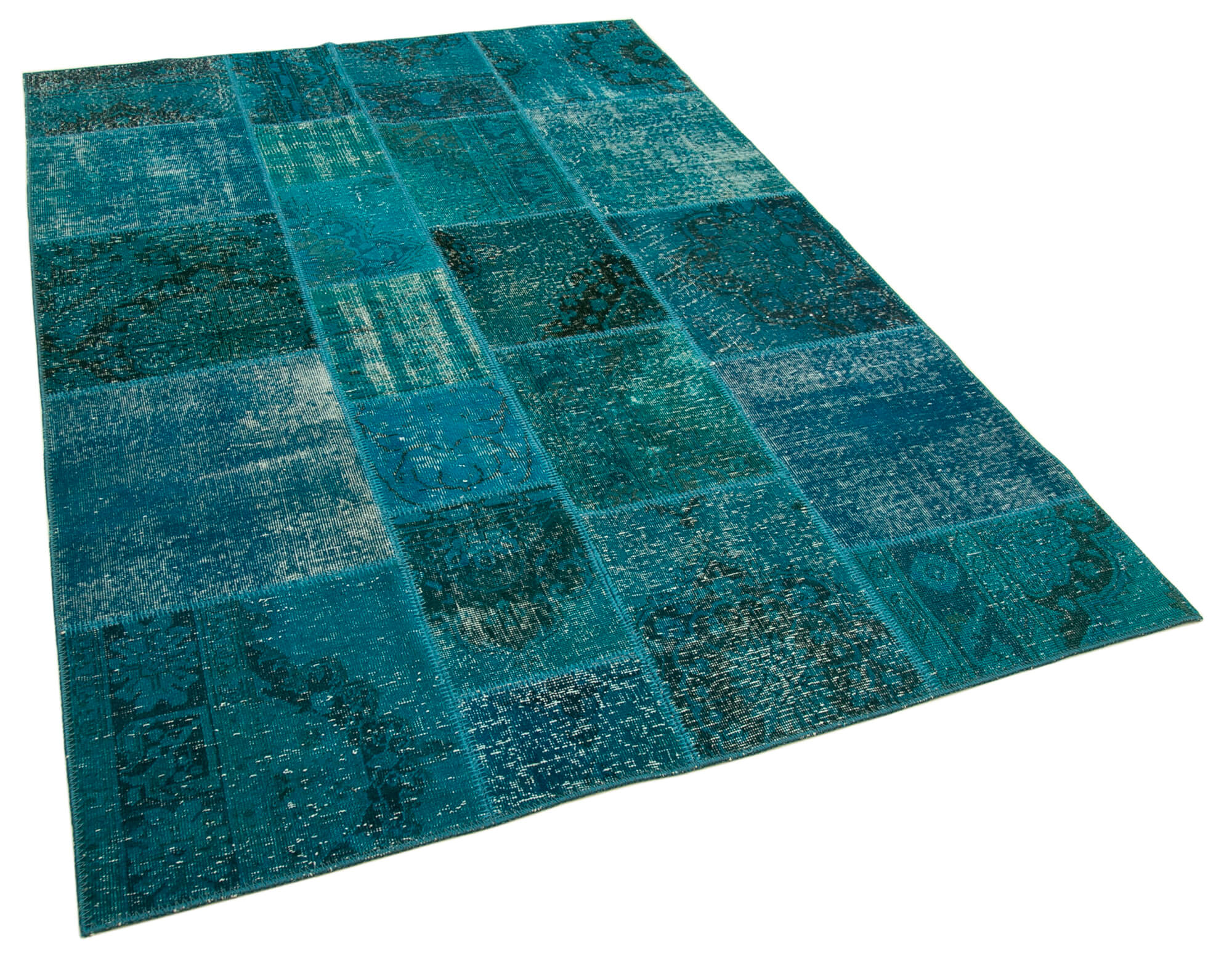 Hand-knotted oriental vintage 170 cm x 239 cm turquoise patchwork carpet