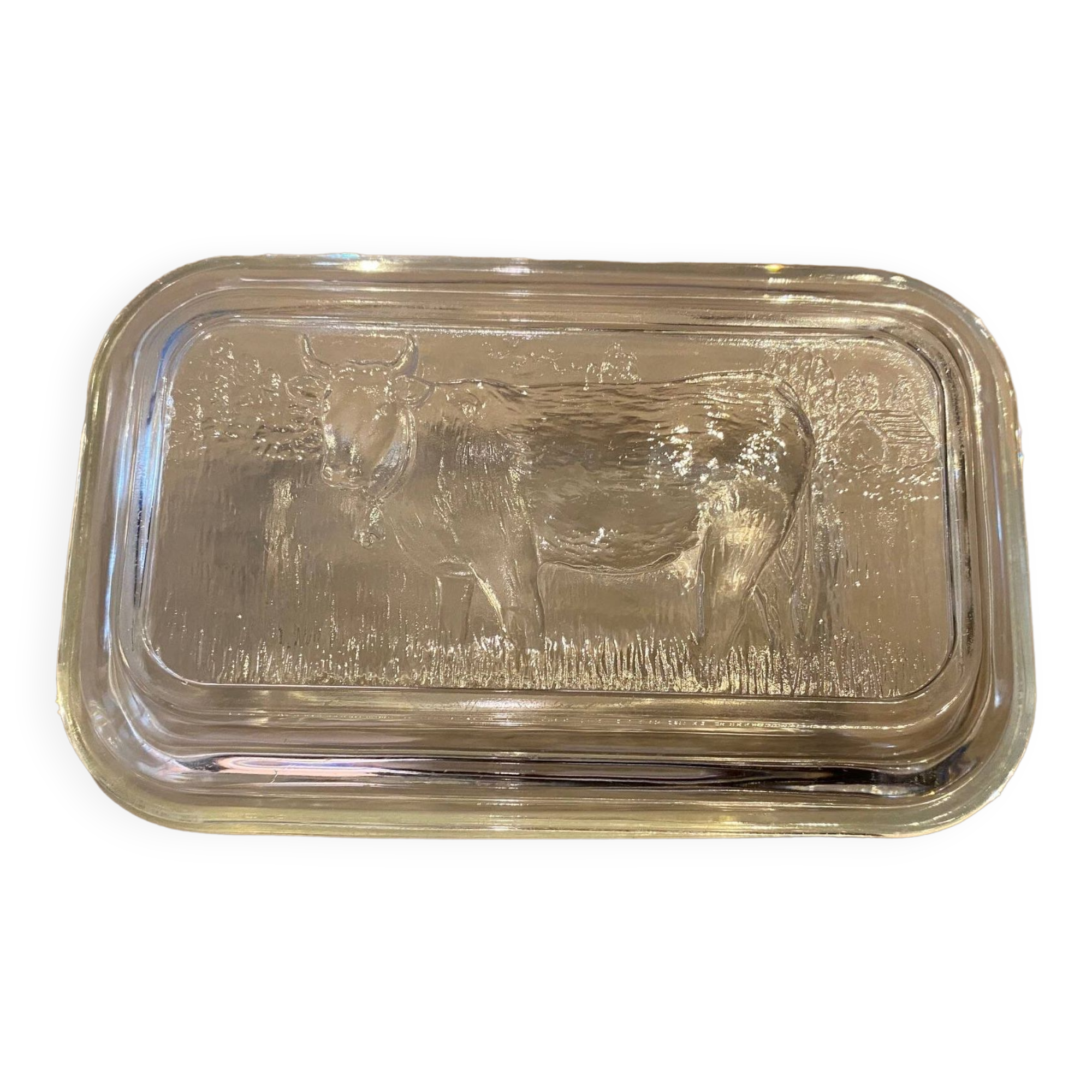 Old butter dish with glass cow decor brand duralex vintage 1970s