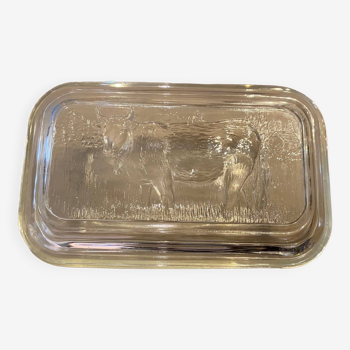 Old butter dish with glass cow decor brand duralex vintage 1970s