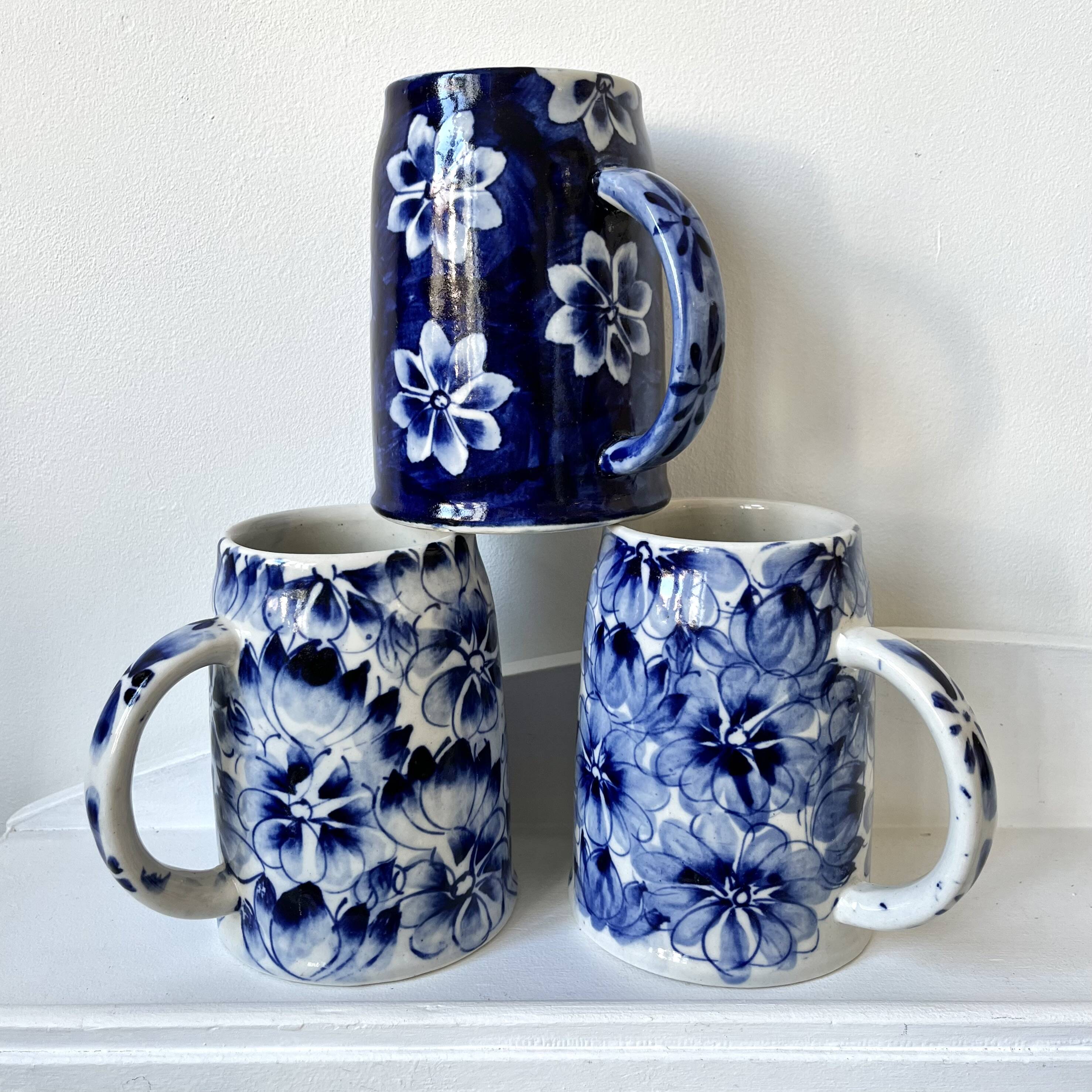 Blue flowered mugs or large tankards