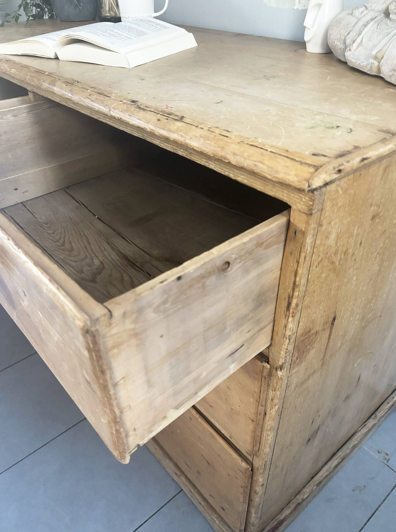Vintage solid pine English trade counter furniture