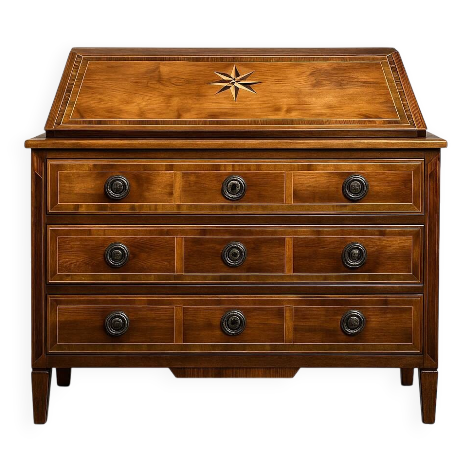 Commode scribanne from the Louis XVI period in walnut burl with marquetry decoration.