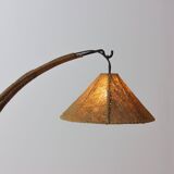 Italian wood arc floor lamp in rattan, 1970s