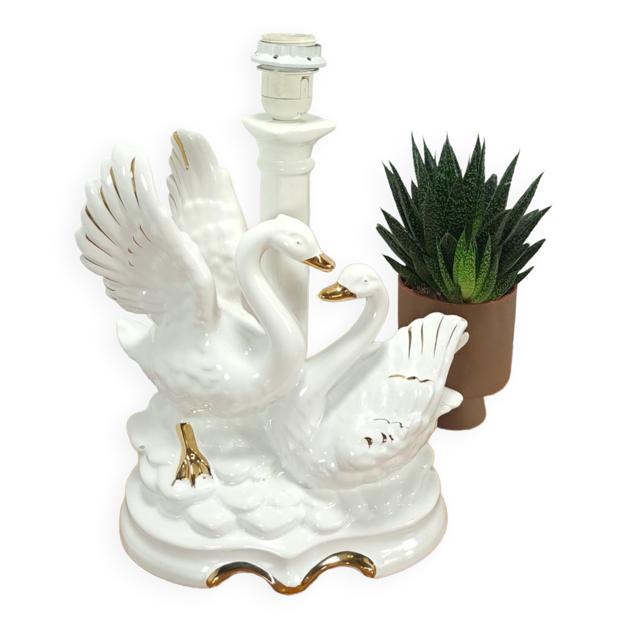 Porcelain lamp swans with vintage gold details