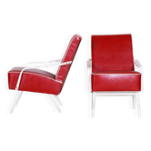 Mid-Century Red Leather and Beech Armchairs, Czechia, 1950s, Set of 2