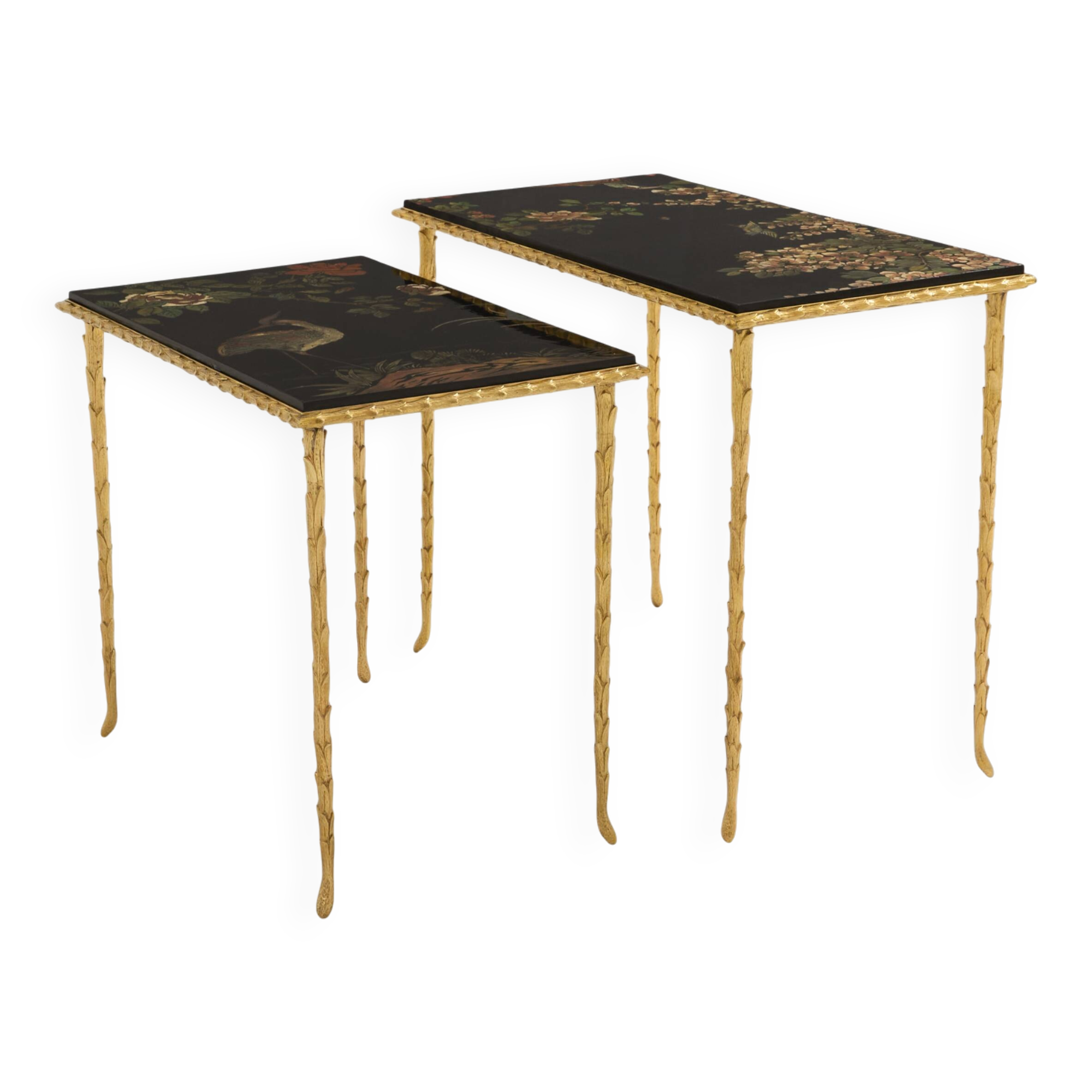 Bronze-gilded foliage side tables, Chinese lacquer, Maison Baguès, 1950.