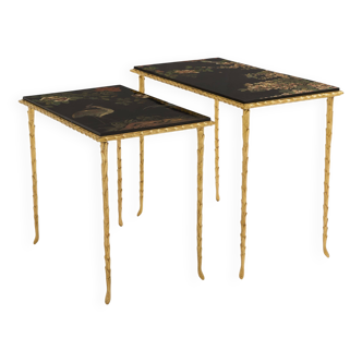Bronze-gilded foliage side tables, Chinese lacquer, Maison Baguès, 1950.