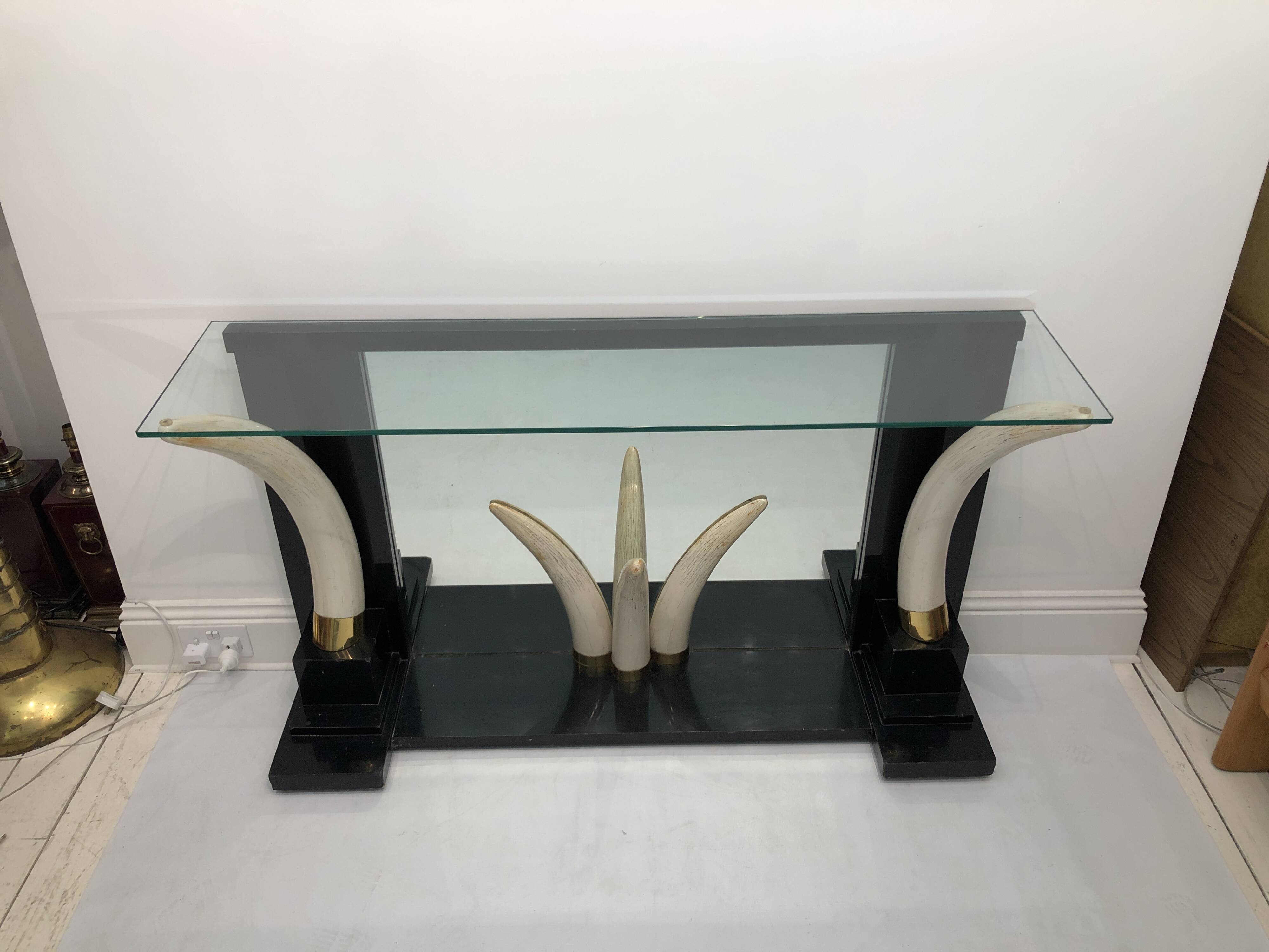 Versailles collection elephant faux tusk ebony console table mirror glass 1970s