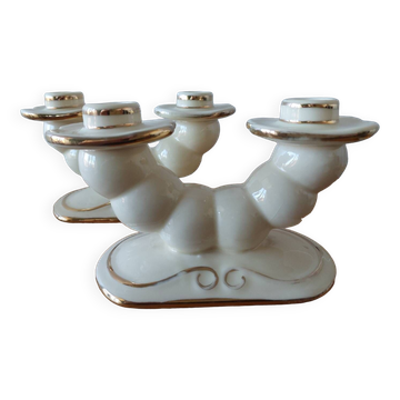 Paire de bougeoirs en céramique crème et liseré doré  vers 1930 1950