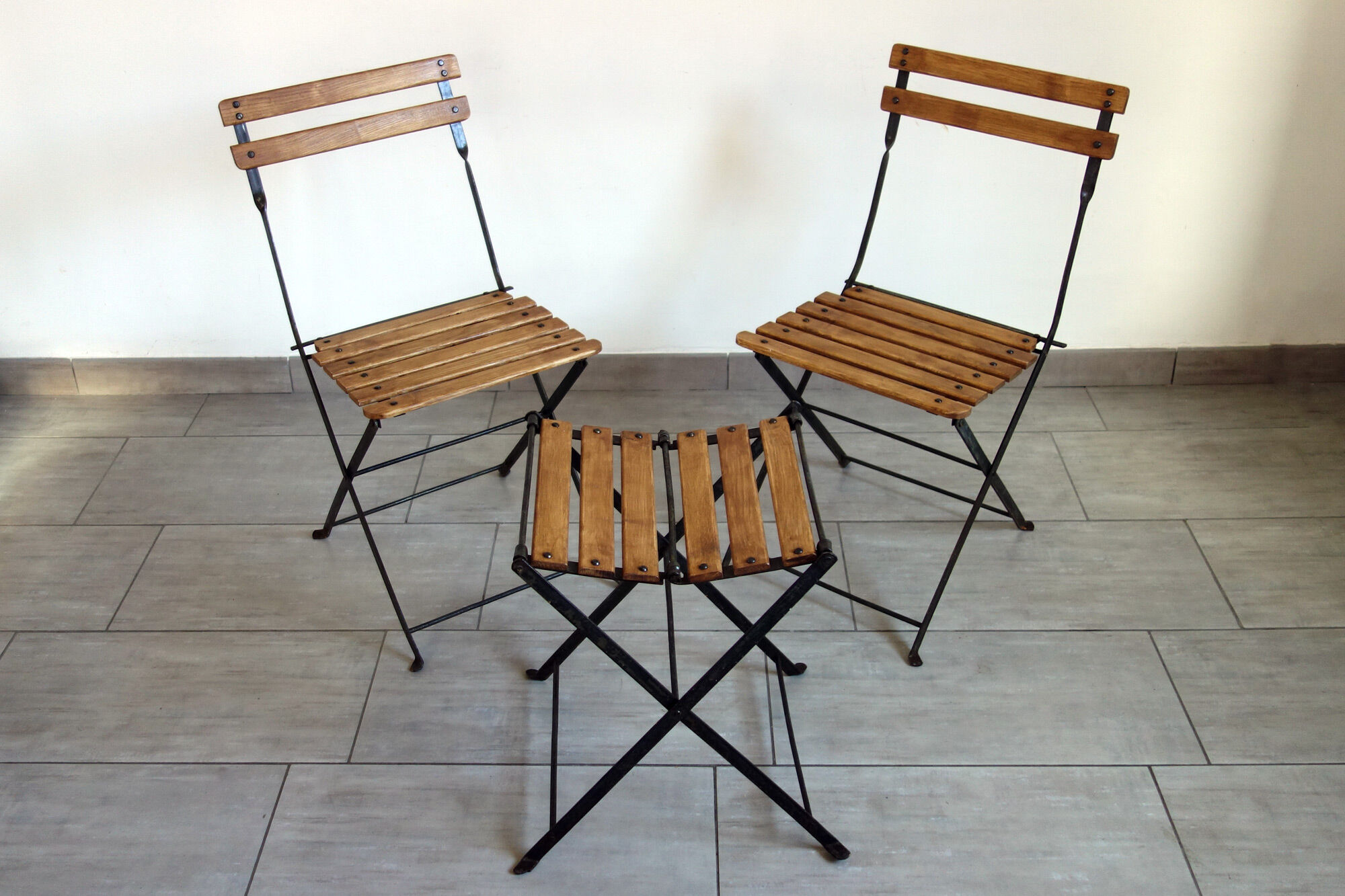 Vintage folding chairs and stool set