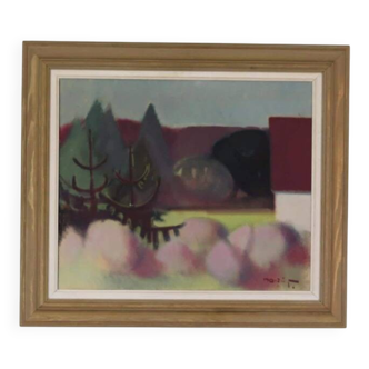 Original mid-century Swedish oil on canvas – “Trees” by Ivar Hjertqvist – vintage & framed – 68 × 77 cm