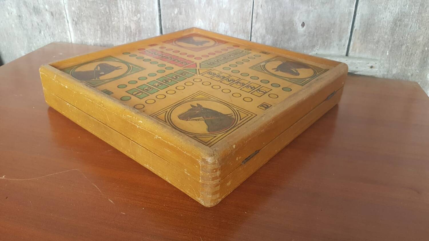 Ancien Plateau De Jeu De L’Oie Dames Petits Chevaux En Bois Vintage #A690