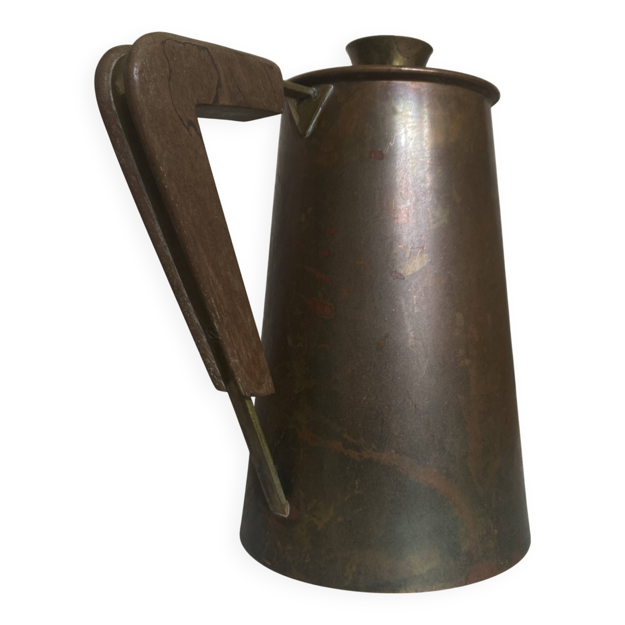 Modernist Italian pitcher design from the 1960s in patinated wood and metal.