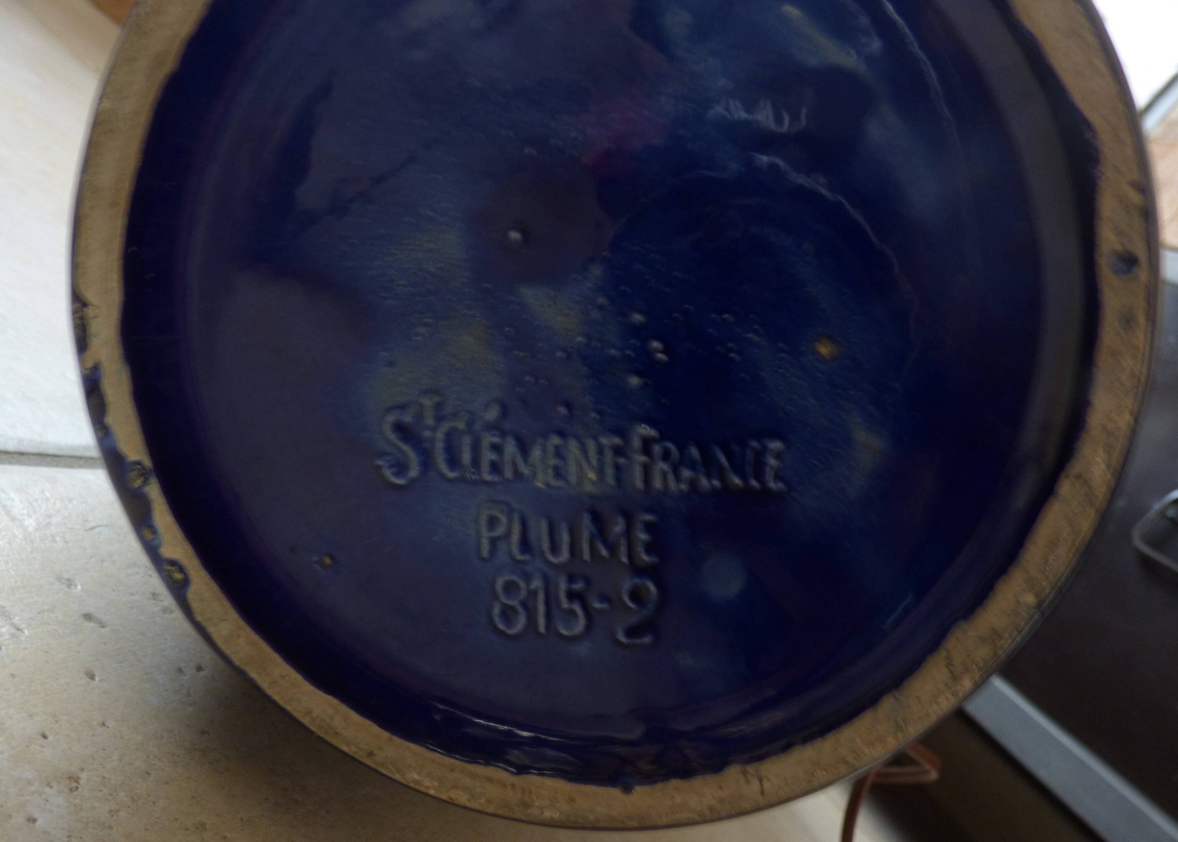 Large blue earthenware lamp base signed ST Clément France Plume 815-2 – Excellent condition