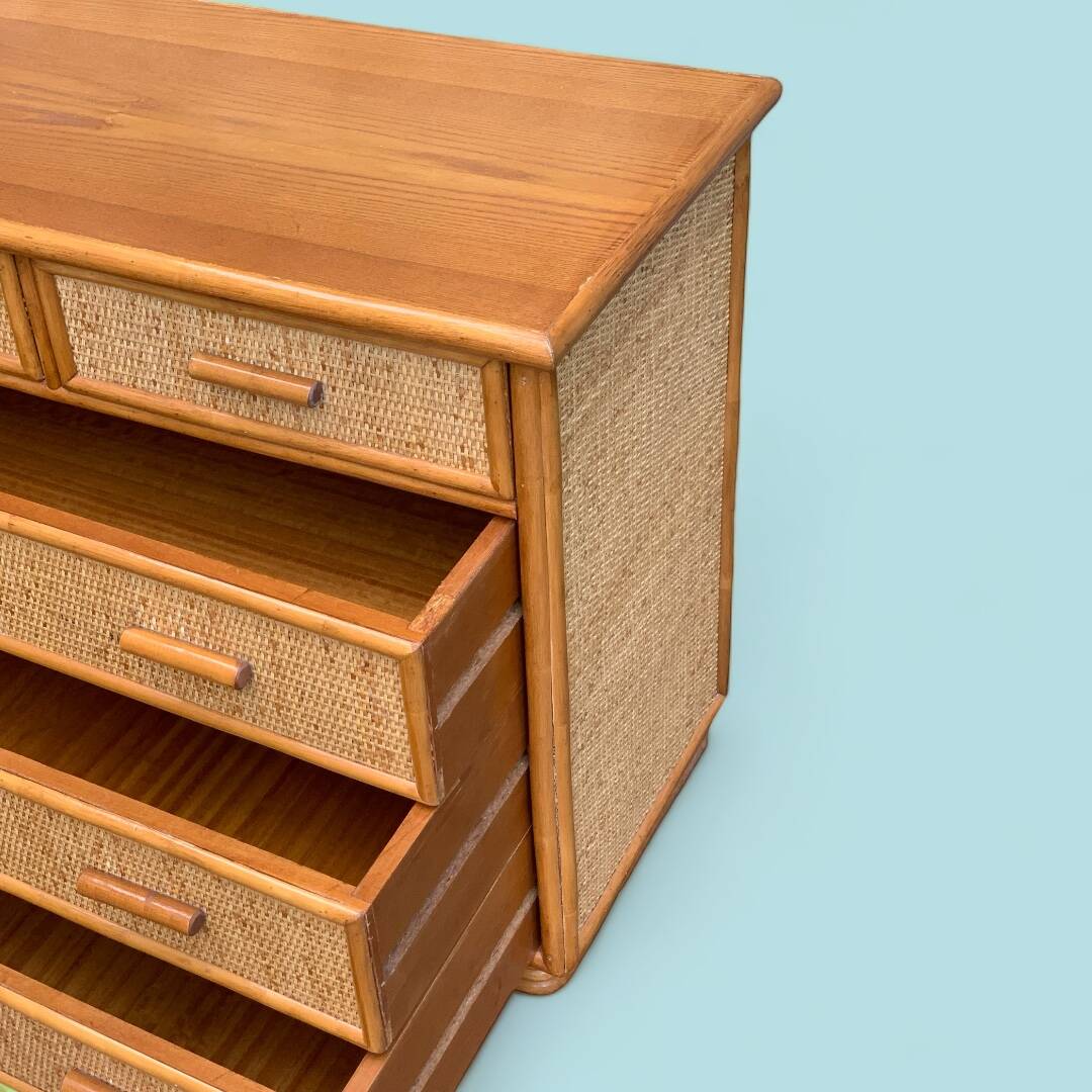 Vintage rattan and woven wicker chest of drawers 1970