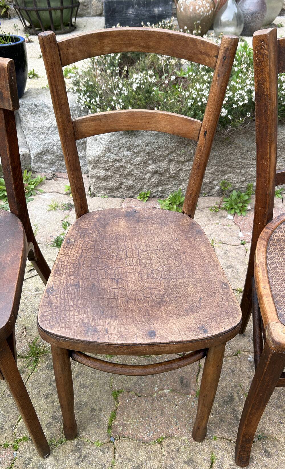 Set of 8 vintage bistro chairs, 50s, 60s, dark oak.