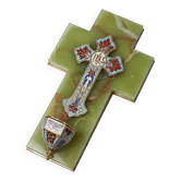 Vintage wall-mounted holy water font in onyx and cloisonné enamel, Italy, 1960s-1970s.