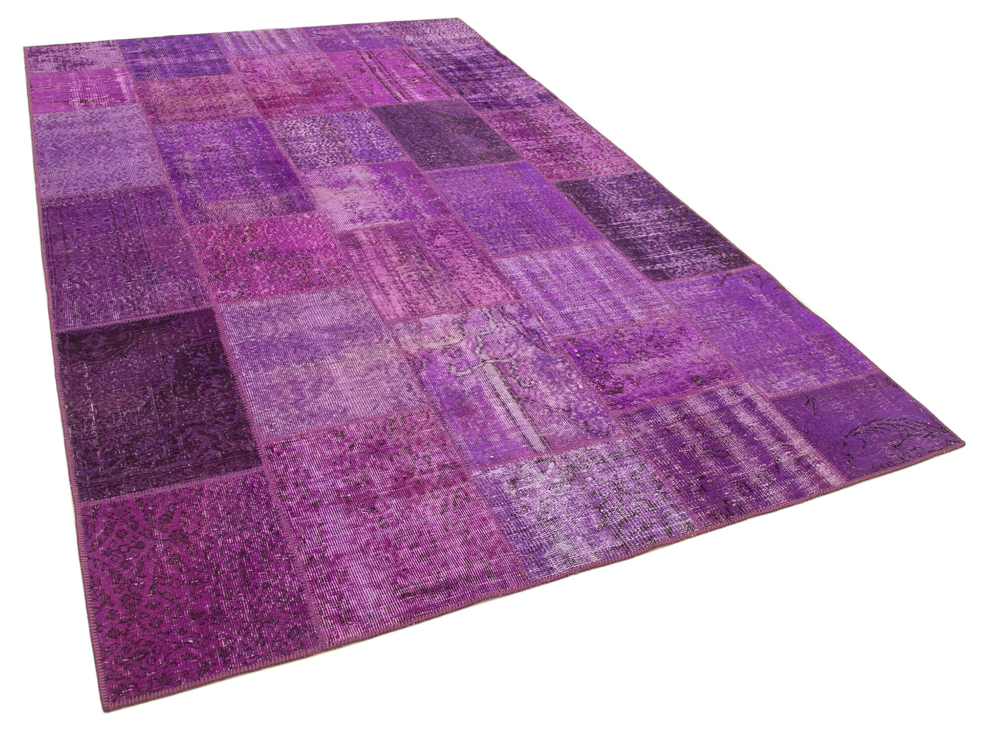 Hand-knotted oriental overdyed 190 cm x 300 cm purple patchwork carpet