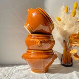 6 vintage ceramic lion head onion soup bowls in the Emile Henry style - honey and black, made in France - traditional elegance