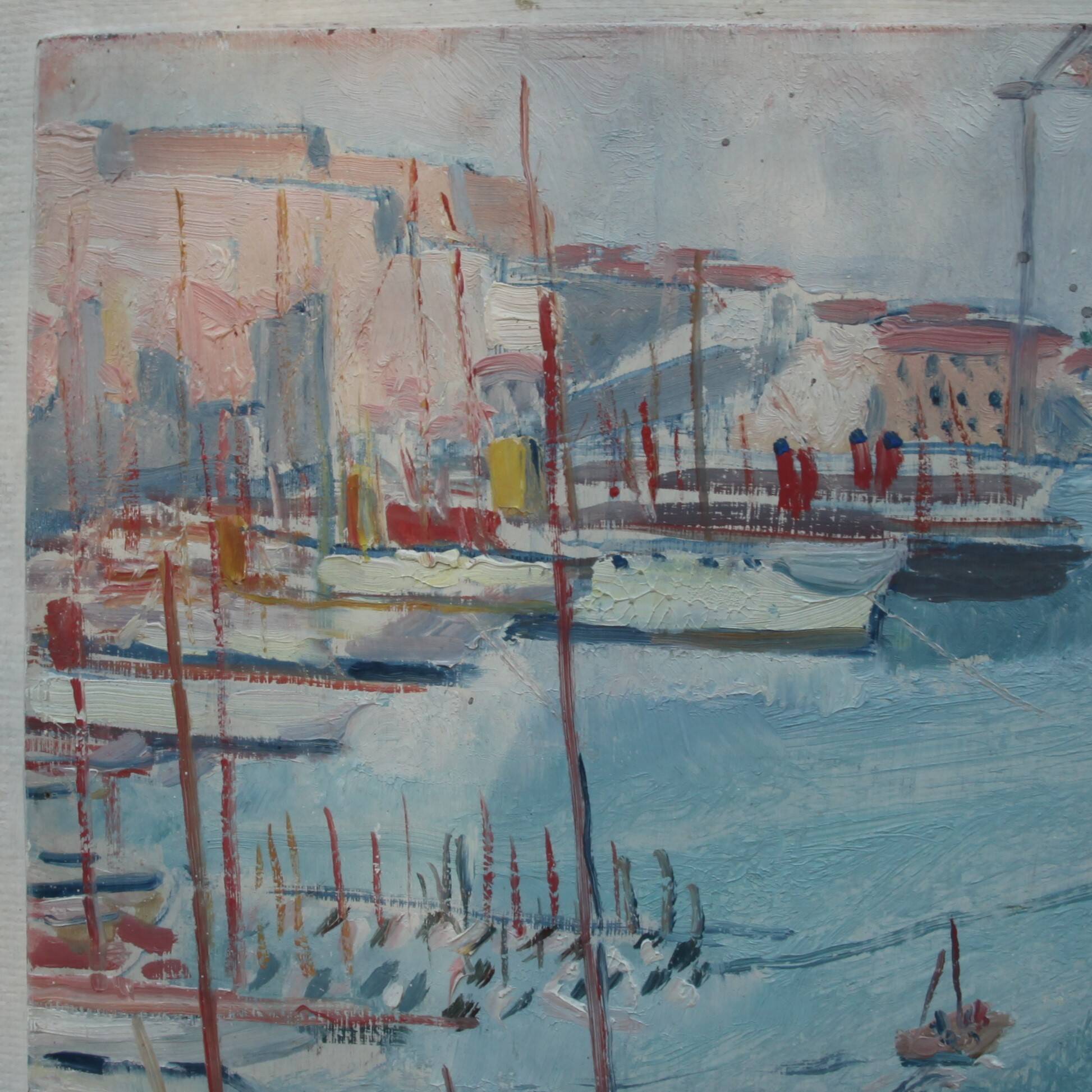 Huile sur panneau bois représentant le port de Marseille