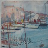 Oil on wooden panel representing the port of Marseille