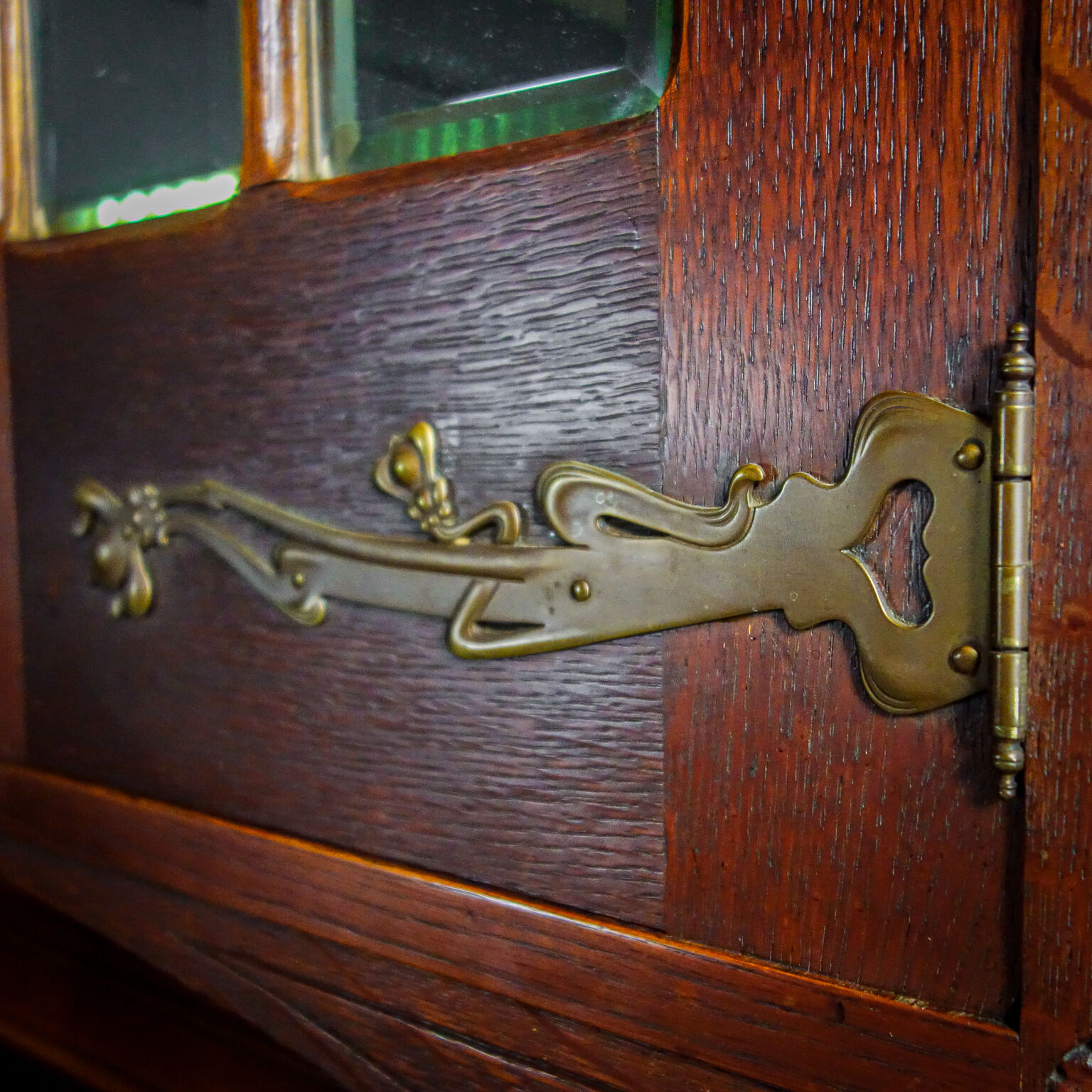 art nouveau cabinet with stained glass window, France circa 1910
