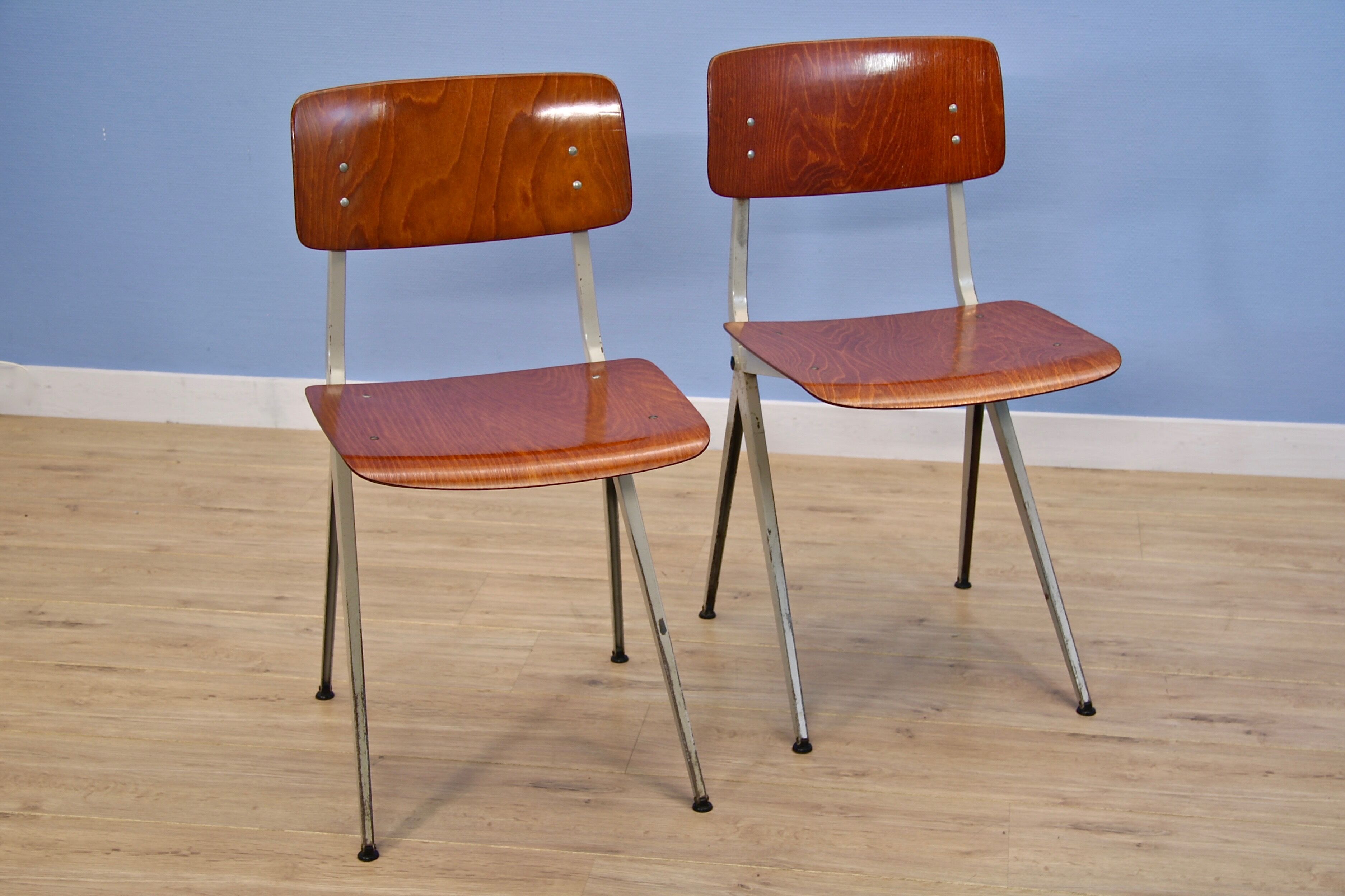 Set of 2 Dutch industrial chairs in teak/plywood by Marko, 1960s