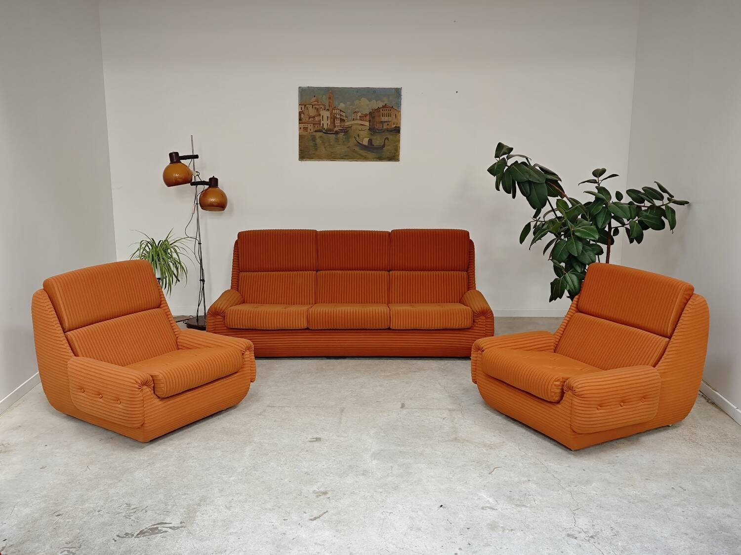 Orange 3-seater sofa jitona ribbed fabric space age 1970