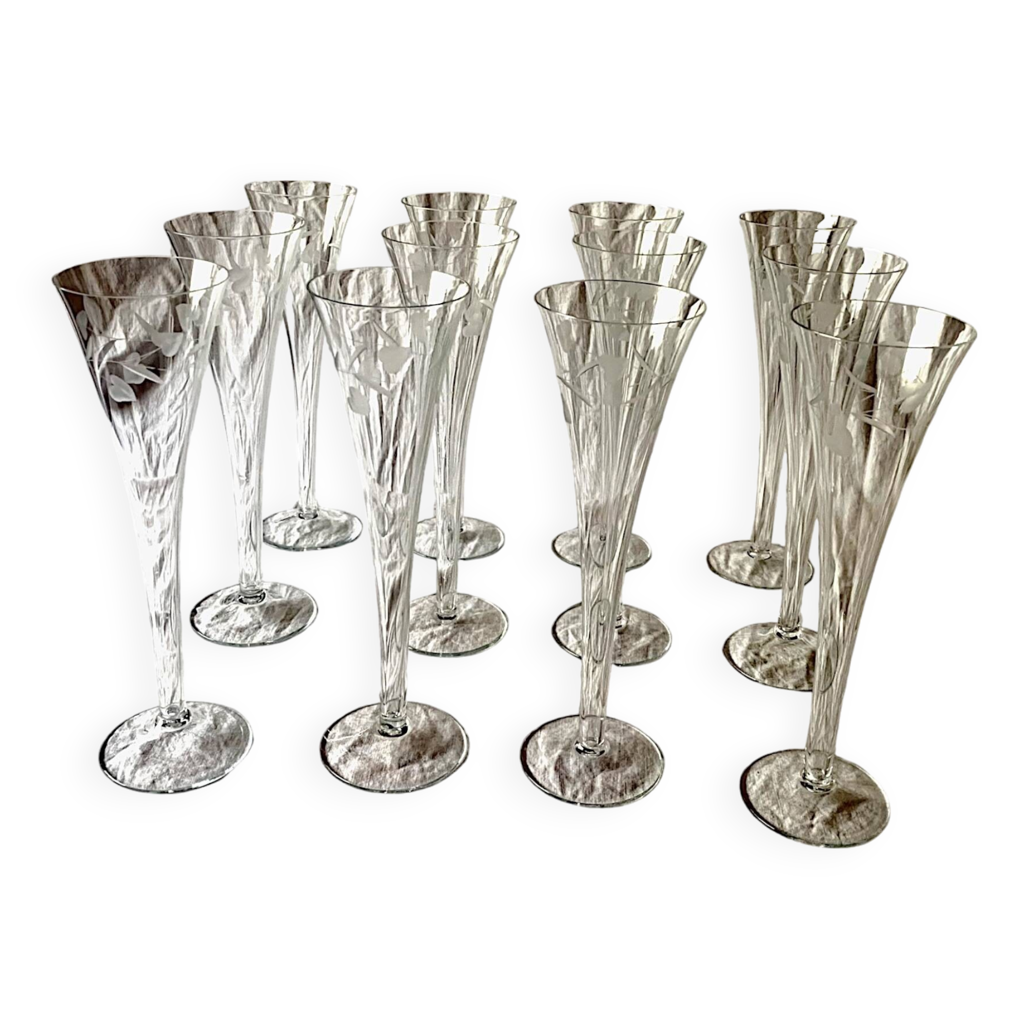 Set of 12 large vintage champagne flutes - frosted glass plant decor